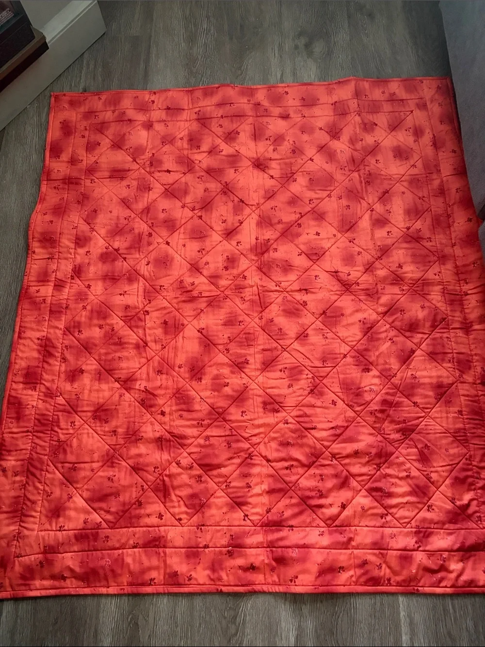 Handmade Red and Cream Patchwork Quilt - Floral Nine-Patch Design